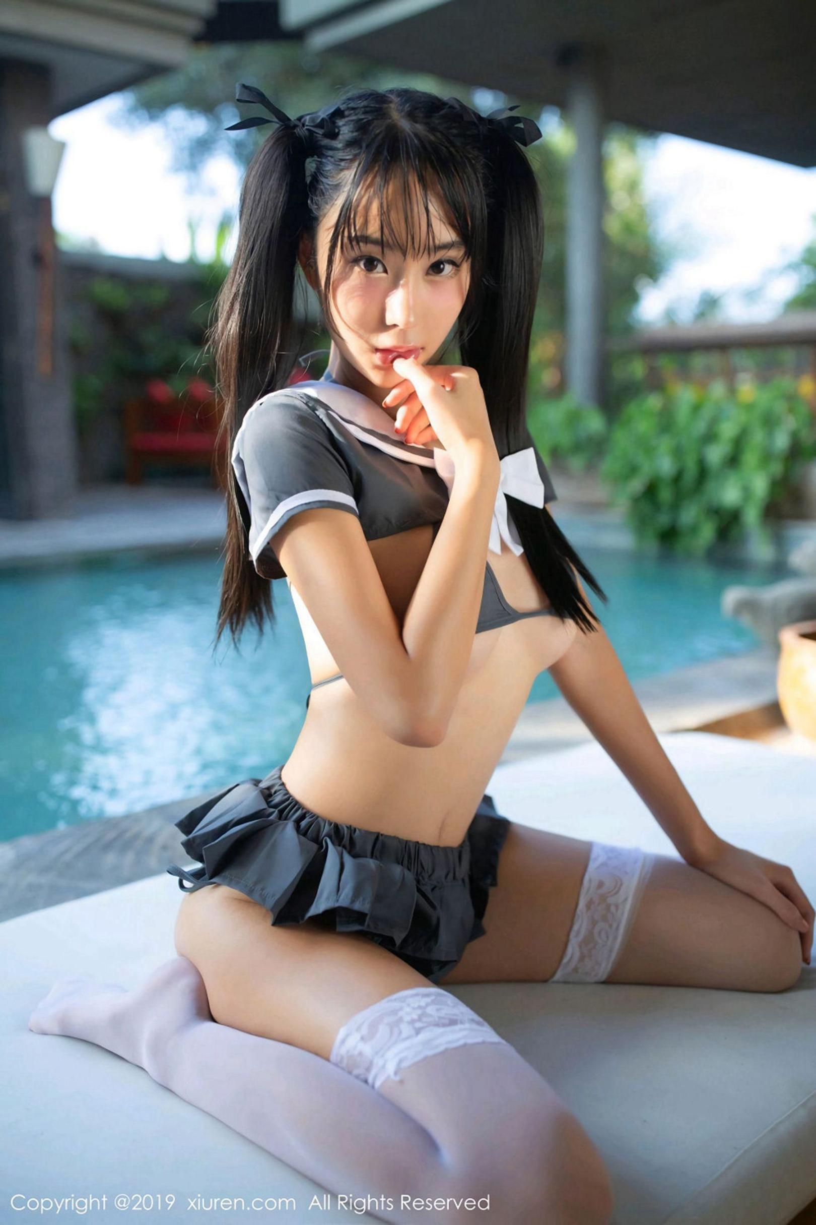 [花の颜] 蓝夏Akasha 双马尾蕾丝三点式内衣 高清手机美女壁纸